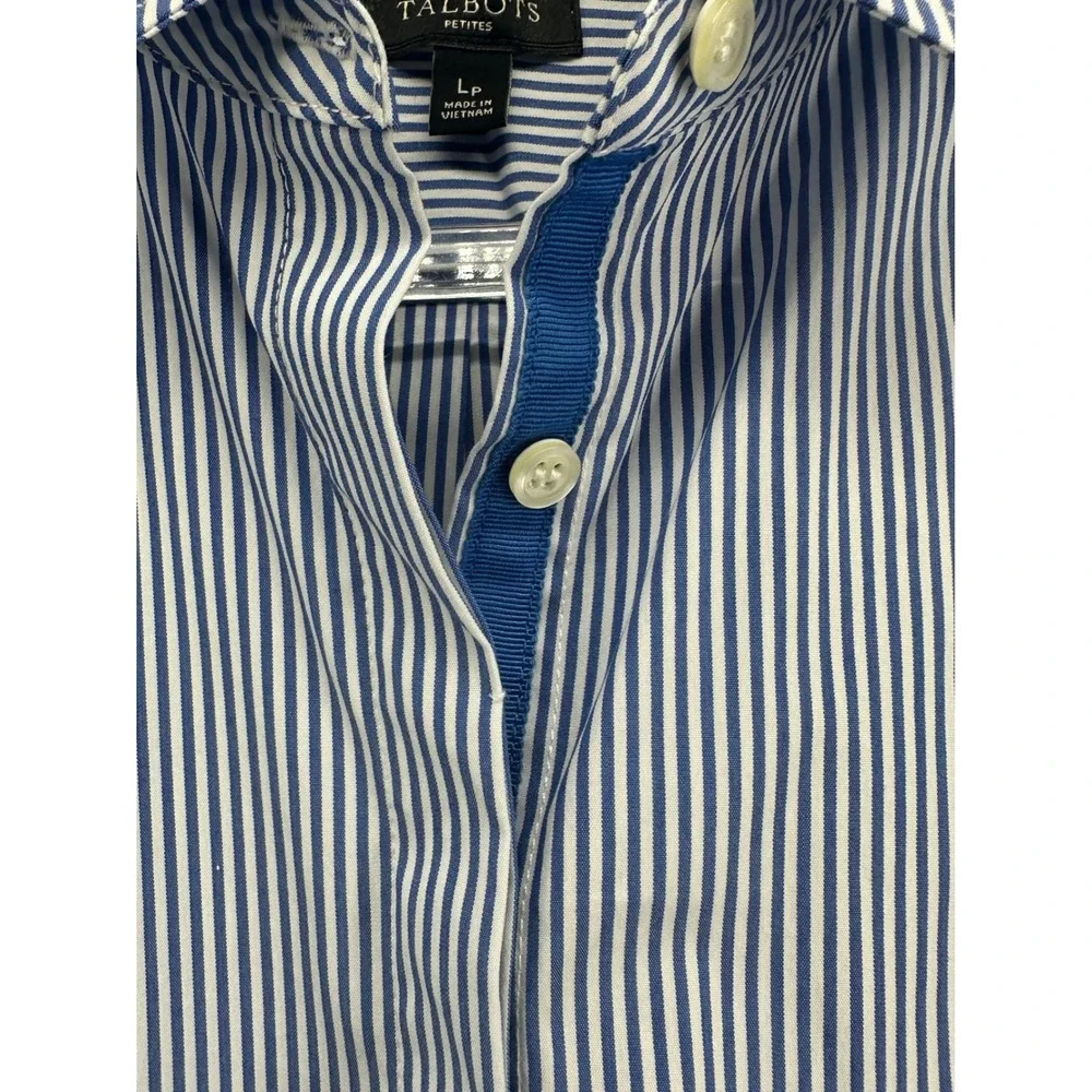 Talbots Petites Blue White Pinstripe Hidden Placket Button Up Shirt LP Preppy